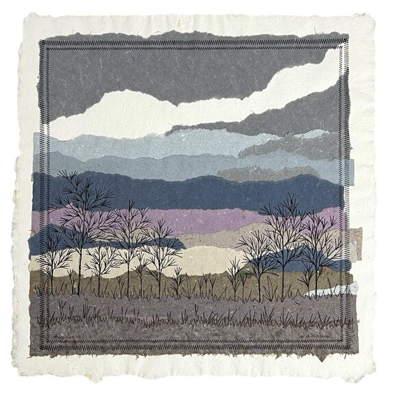 Heartland MP Marion Mixed Media Landscape • Handmade Paper & Stitched Art 18x18 - Picture 1 of 8